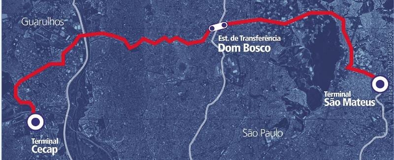 Mapa corredor BRT metropolitano Leste okruzích.