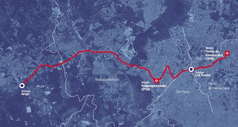 Mapa corredor BRT metropolitano Okruzích. Alto Tietê