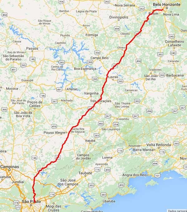 Mapa Fernão Dias dálnice - BR 381
